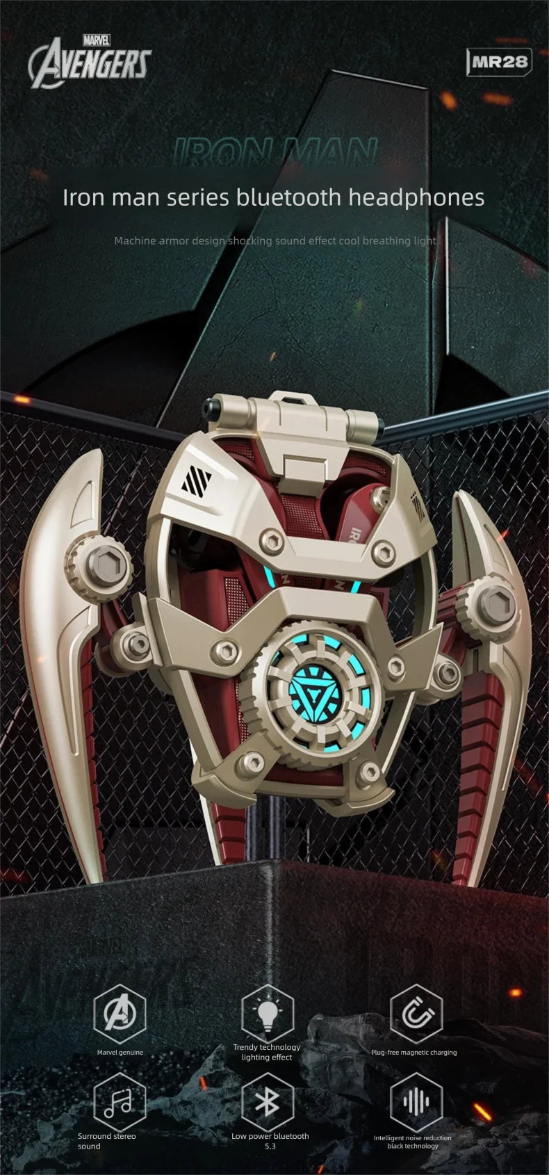 MARVEL Colaboración Auriculares Bluetooth ANC Cancelación activa de ruido Bluettoth Auriculares inalámbricos Deportes Juegos Regalo Iron Man-MovilExpressShop