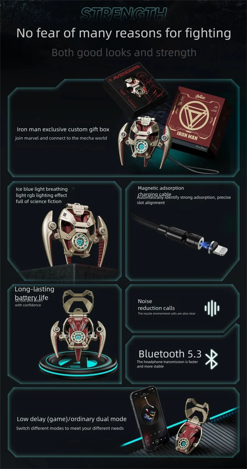 MARVEL Colaboración Auriculares Bluetooth ANC Cancelación activa de ruido Bluettoth Auriculares inalámbricos Deportes Juegos Regalo Iron Man-MovilExpressShop