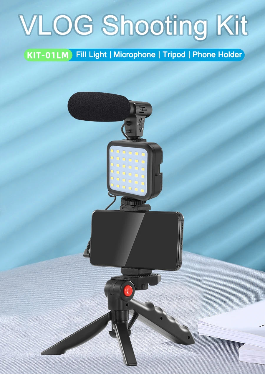 Trípode Blog para cámara DSLR, Kit de blogging para teléfono, entrevista en vivo, YouTube, soporte para teléfono, Control remoto, micrófono, luz LED-MovilExpressShop