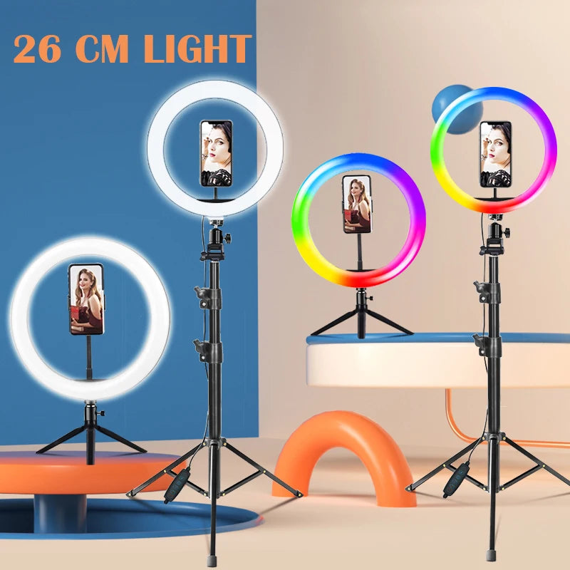 Anillo de luz para Selfie y vídeo, lámpara de luz Led RGB para fotografía con soporte para teléfono móvil, trípode grande para Youtube Tiktok Live-MovilExpressShop