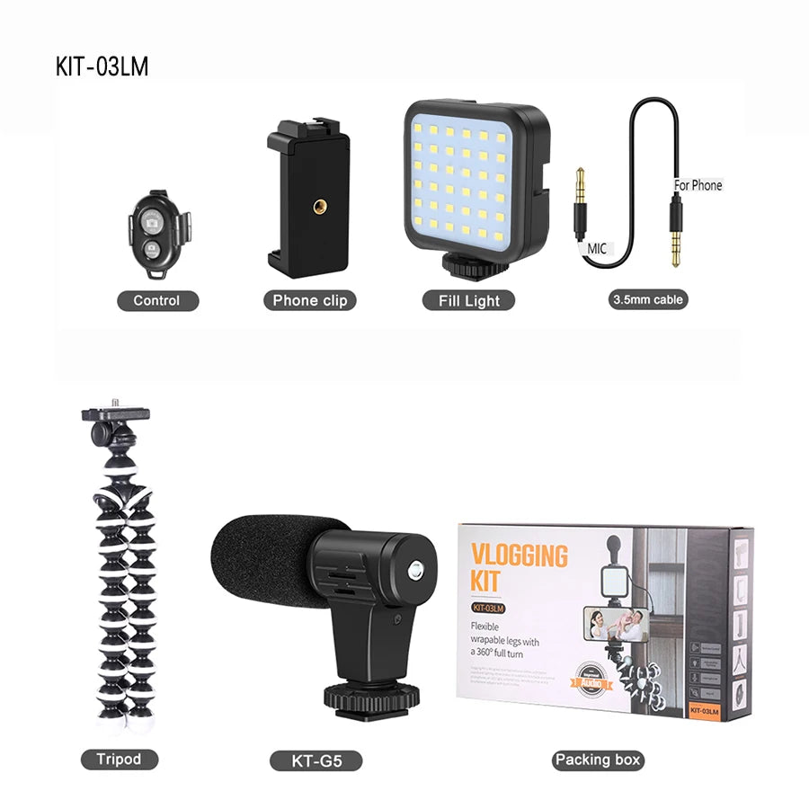 Trípode Blog para cámara DSLR, Kit de blogging para teléfono, entrevista en vivo, YouTube, soporte para teléfono, Control remoto, micrófono, luz LED-MovilExpressShop