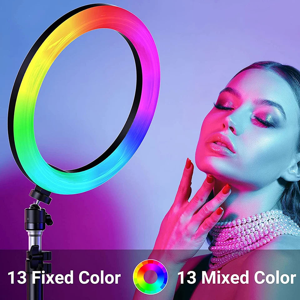 Anillo de luz LED RGB para selfi, iluminación de fotografía, soporte para móvil, trípode para vídeo, Youtube en vivo, 26cm-MovilExpressShop