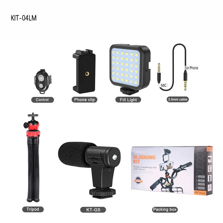 Trípode Blog para cámara DSLR, Kit de blogging para teléfono, entrevista en vivo, YouTube, soporte para teléfono, Control remoto, micrófono, luz LED-MovilExpressShop