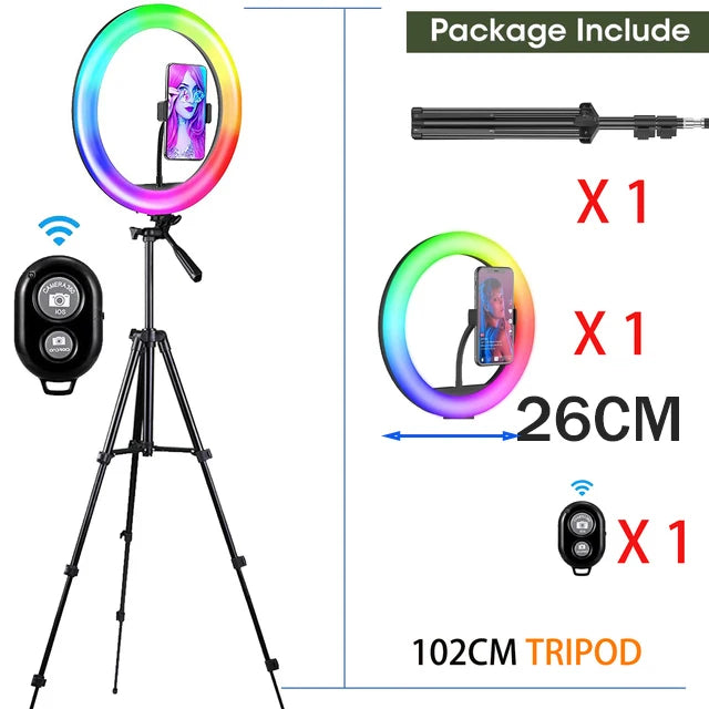 Anillo de luz LED RGB para selfi, iluminación de fotografía, soporte para móvil, trípode para vídeo, Youtube en vivo, 26cm-MovilExpressShop