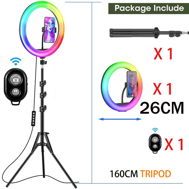 Anillo de luz LED RGB para selfi, iluminación de fotografía, soporte para móvil, trípode para vídeo, Youtube en vivo, 26cm-MovilExpressShop