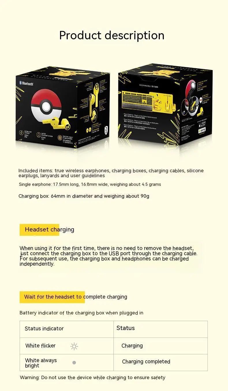 Pokemon Pikachu auriculares inalámbricos Bluetooth 5,0 auriculares Control táctil micrófono regalos universales deporte reducción de ruido-MovilExpressShop