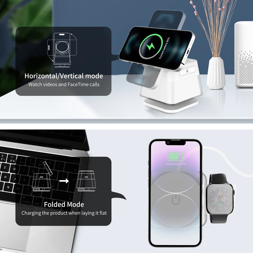 Soporte y estación de carga inalámbrica 3 en 1, adaptador de carga rápida de 15w, cargador de mesa magnético con luces coloridas para iPhone 16 15 14 Pro Max