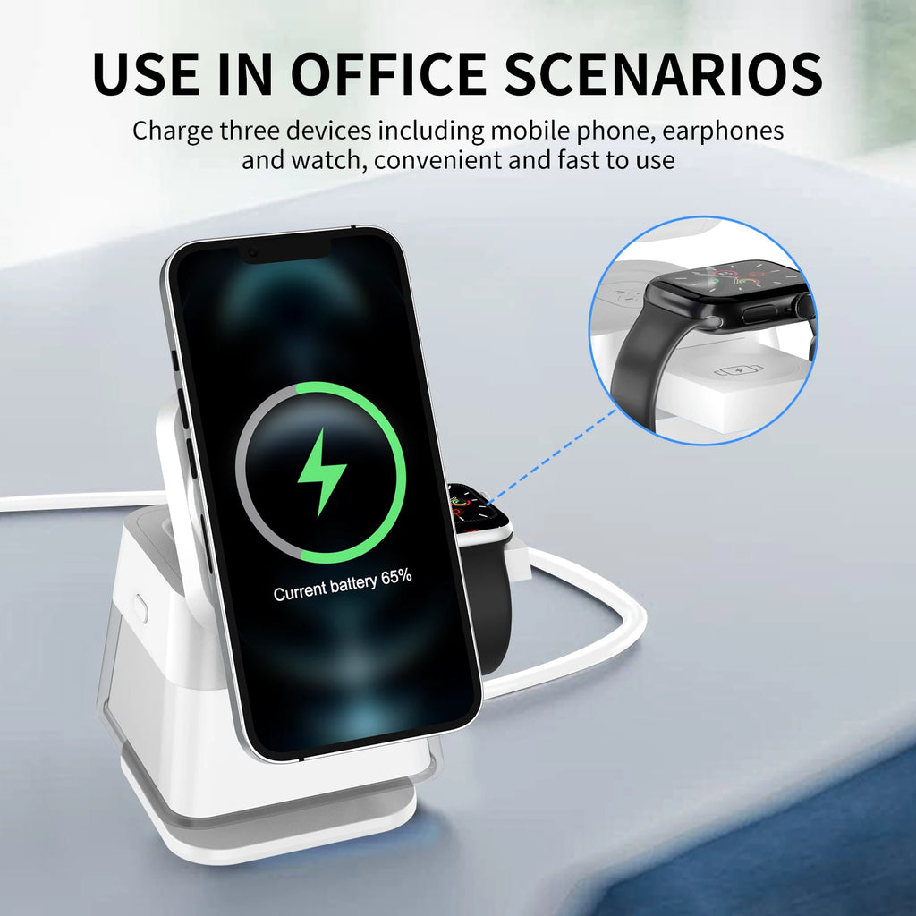 Soporte y estación de carga inalámbrica 3 en 1, adaptador de carga rápida de 15w, cargador de mesa magnético con luces coloridas para iPhone 16 15 14 Pro Max