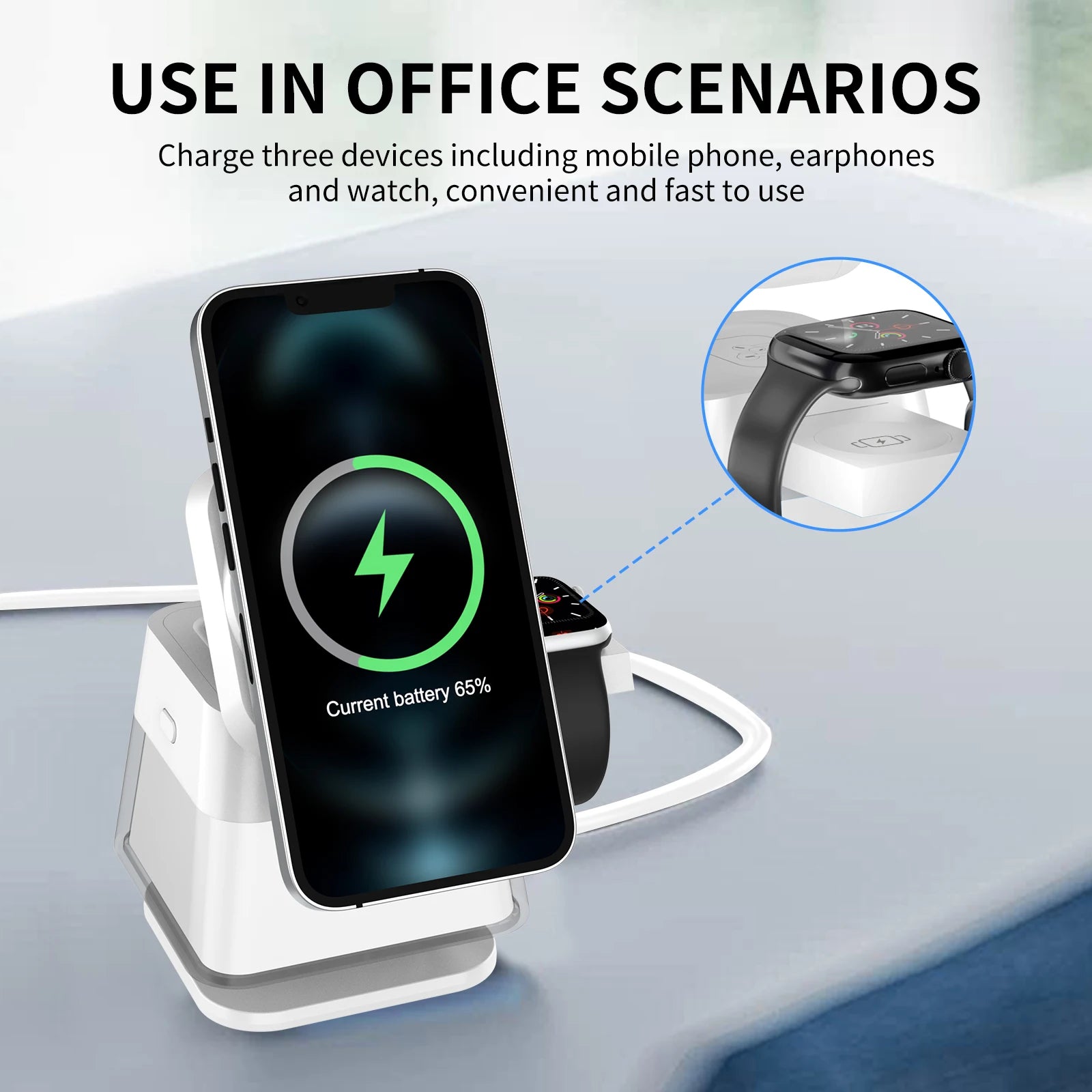 Soporte y estación de carga inalámbrica 3 en 1, adaptador de carga rápida de 15w, cargador de mesa magnético con luces coloridas para iPhone 16 15 14 Pro Max