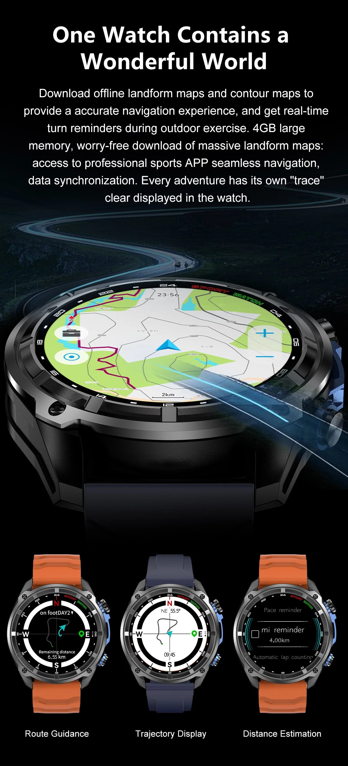 Nuevo reloj inteligente AMOLED con reproductor de vídeo con memoria de 4GB con GPS, mapas sin conexión, reloj inteligente deportivo militar para hombres, pulsera impermeable para nadar de 30m