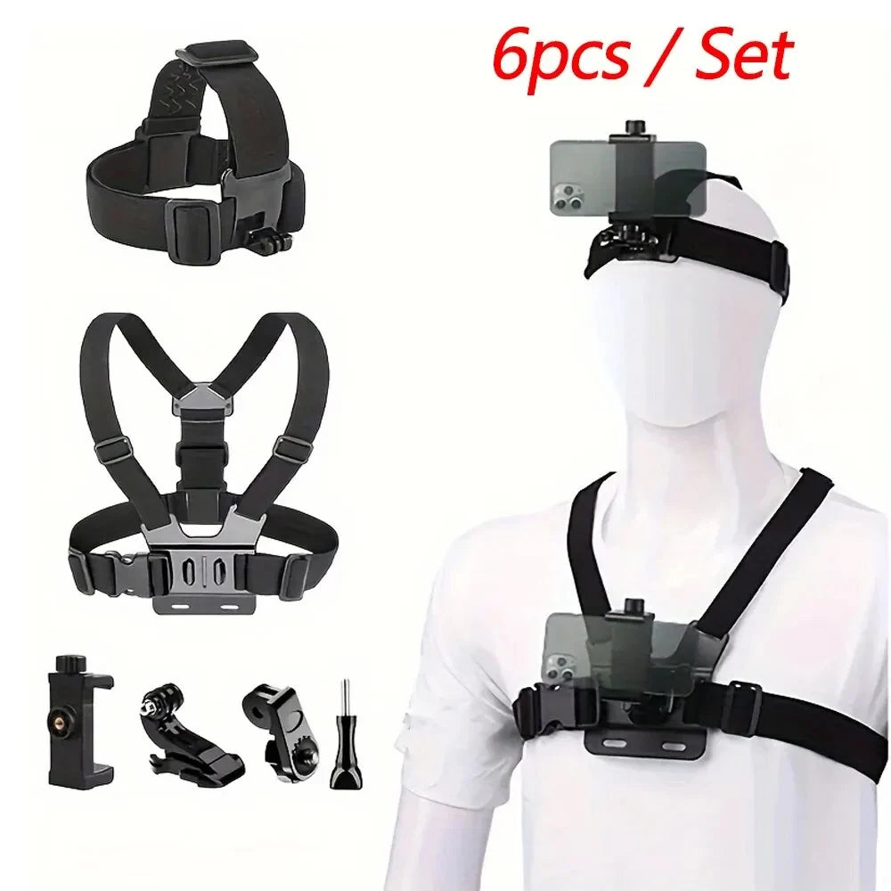 Juego de 6 uds de accesorios, Kit de paquete, soporte para correa para la cabeza/arnés para el pecho/soporte para teléfono para GoPro Hero 13 12 11 10 9 8 7 /AKASO EK7000/Brave-MovilExpressShop