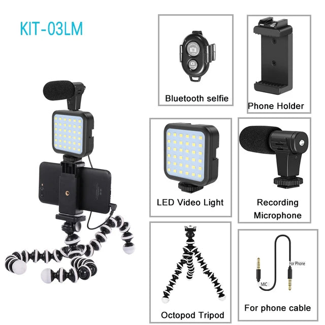 Trípode Blog para cámara DSLR, Kit de blogging para teléfono, entrevista en vivo, YouTube, soporte para teléfono, Control remoto, micrófono, luz LED-MovilExpressShop