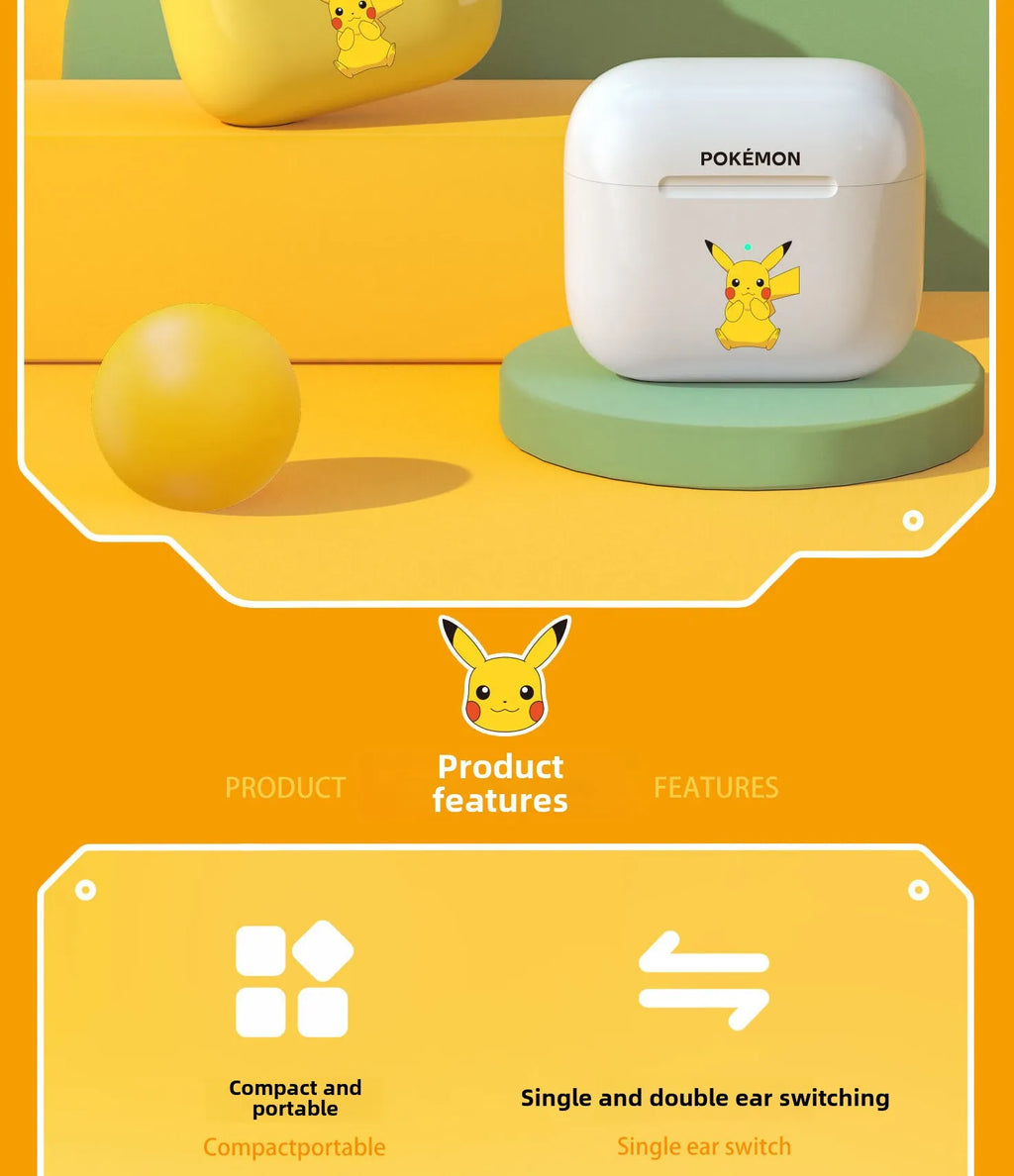 Pokemon Pikachu 5,0 inalámbrico Bluetooth deportes reducción de ruido auriculares táctiles con micrófono estuche de carga auriculares manos libres lindo-MovilExpressShop