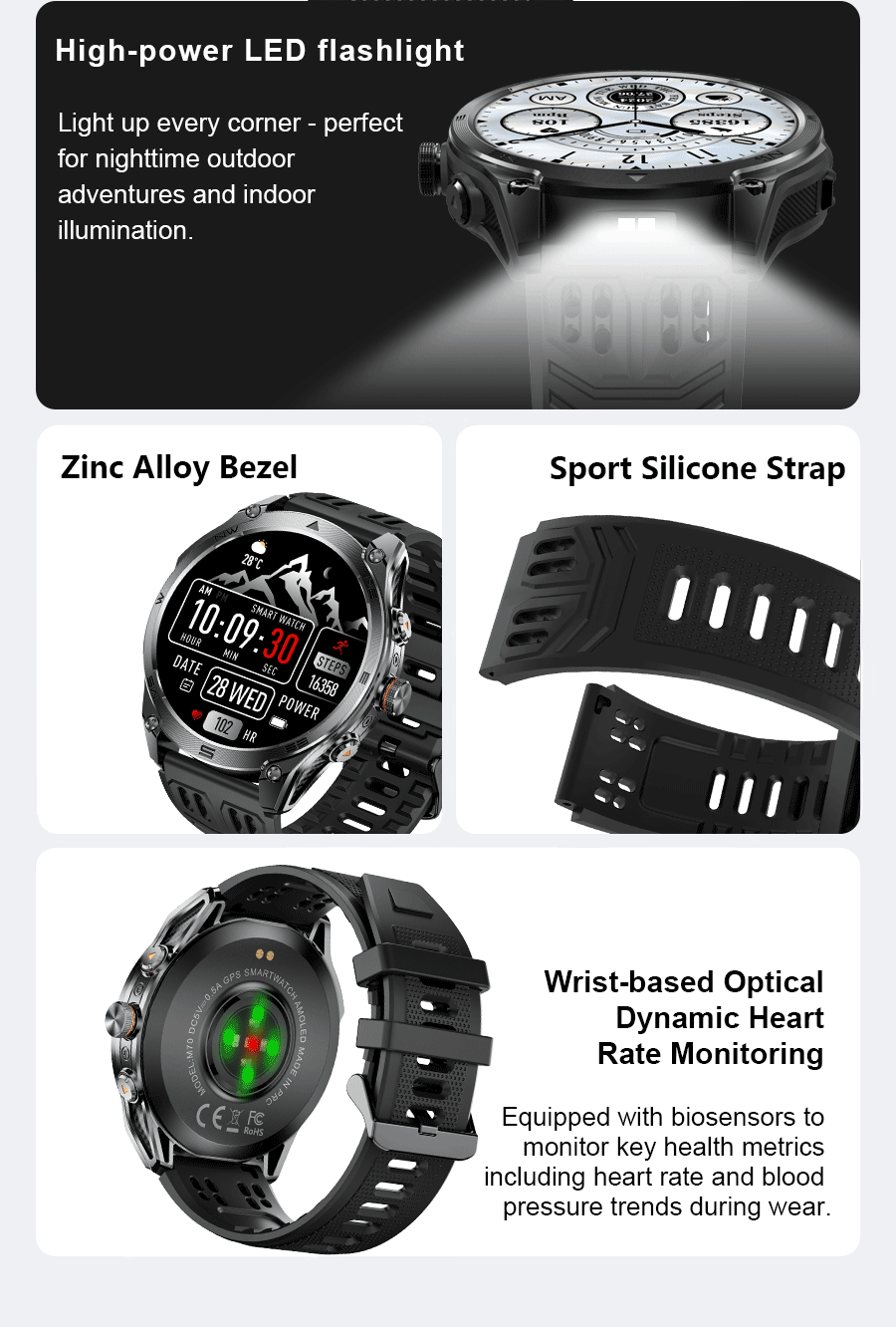 2025 nuevo reloj inteligente GPS 1000Mah batería brújula 10ATM tácticas impermeables linterna deportiva BT llamada reloj inteligente para hombres para xioami