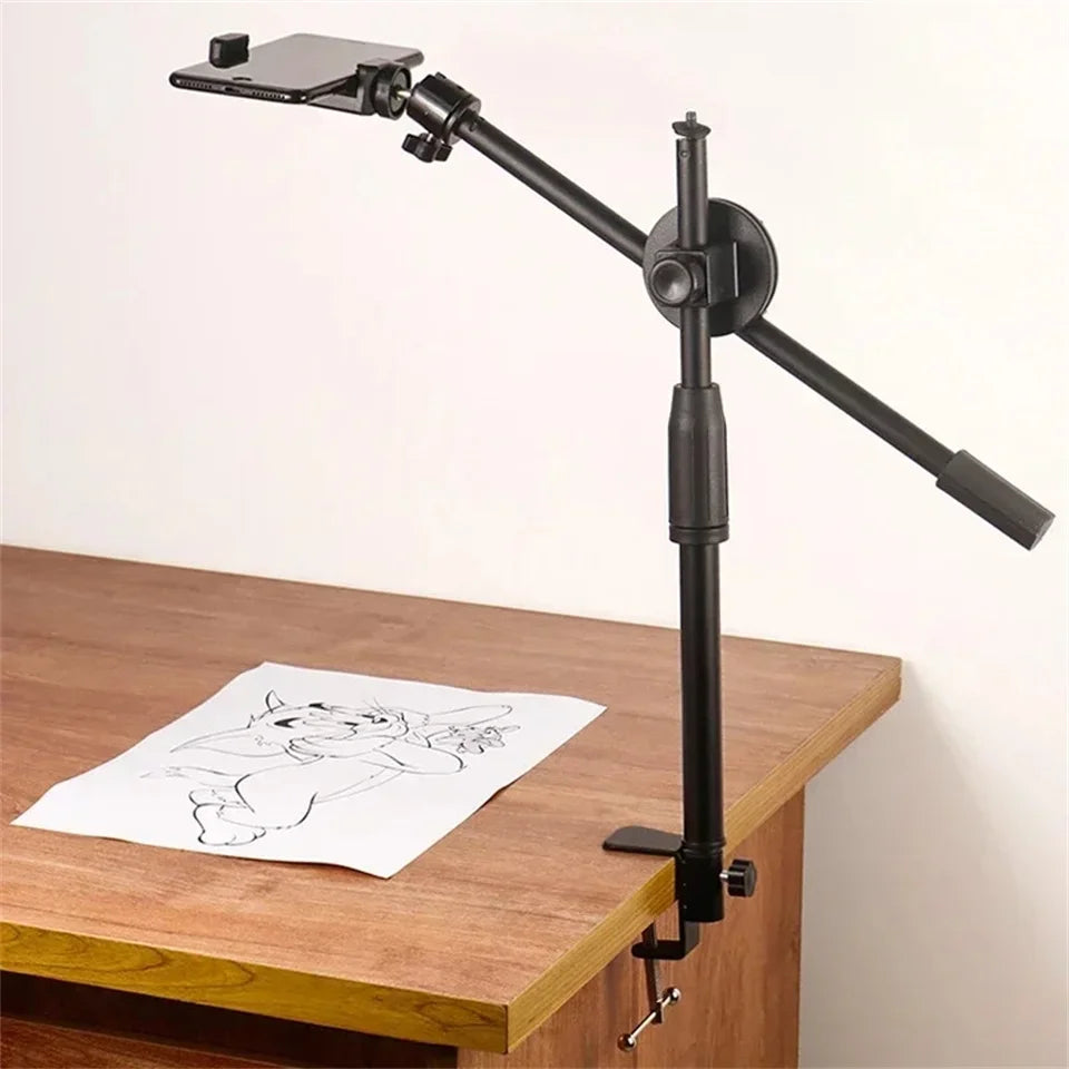 Soporte de trípode superior de mesa con anillo de luz, soporte para teléfono móvil y brazo de pluma para trípodes de mesa de fotografía de decoración de uñas-MovilExpressShop