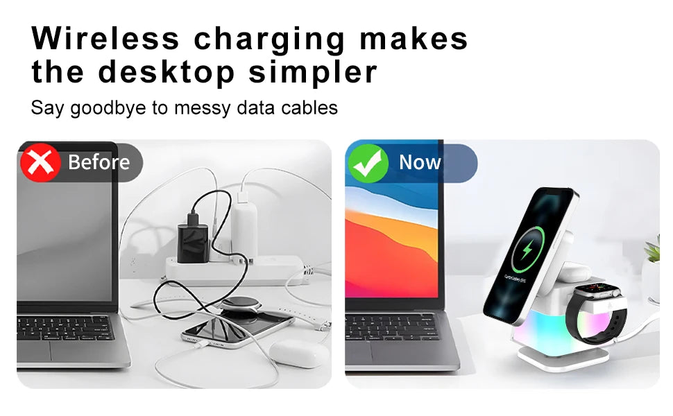 Soporte y estación de carga inalámbrica 3 en 1, adaptador de carga rápida de 15w, cargador de mesa magnético con luces coloridas para iPhone 16 15 14 Pro Max
