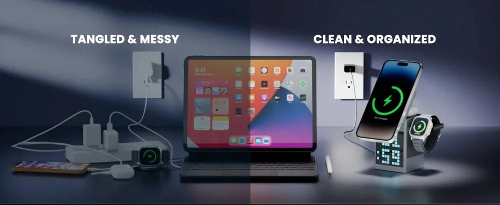 Soporte y cargador inalámbrico magnético plegable 6 en 1, altavoz Bluetooth, despertador y píxeles de dibujos animados para iPhone 17 ~ 12 iWatch Airpods Pro