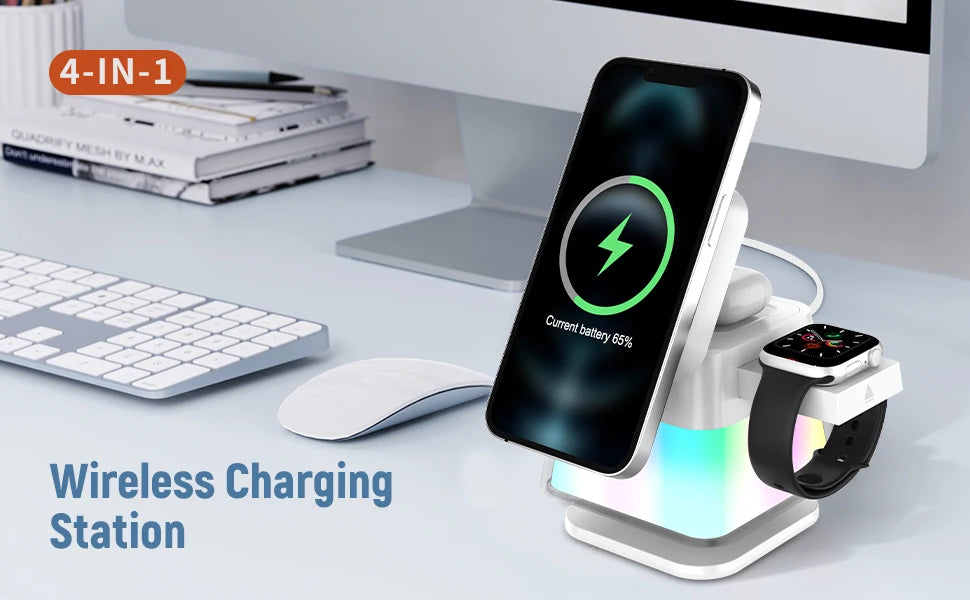 Soporte y estación de carga inalámbrica 3 en 1, adaptador de carga rápida de 15w, cargador de mesa magnético con luces coloridas para iPhone 16 15 14 Pro Max