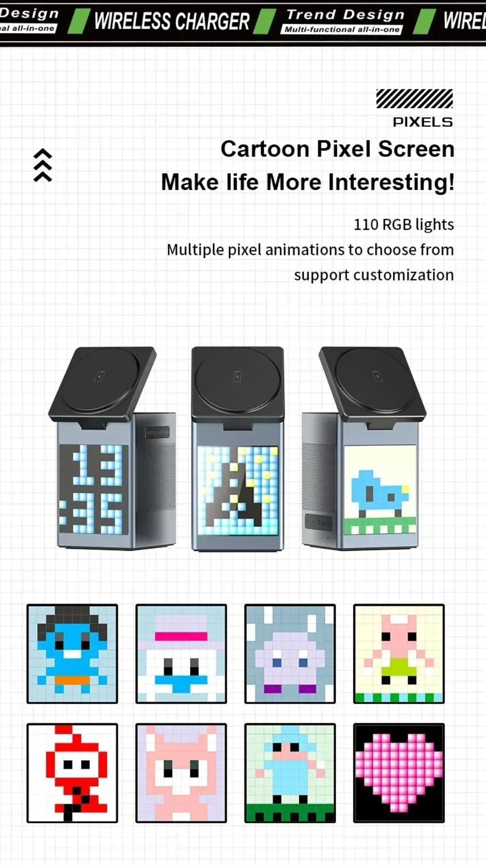 Soporte y cargador inalámbrico magnético plegable 6 en 1, altavoz Bluetooth, despertador y píxeles de dibujos animados para iPhone 17 ~ 12 iWatch Airpods Pro