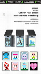 Soporte y cargador inalámbrico magnético plegable 6 en 1, altavoz Bluetooth, despertador y píxeles de dibujos animados para iPhone 17 ~ 12 iWatch Airpods Pro