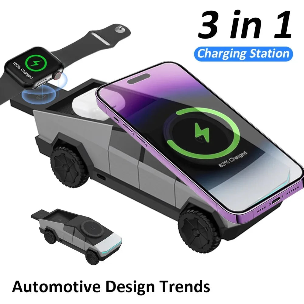 Base de escritorio CyberDock 3 en 1 con carga inalámbrica para iPhone 16, 15, 14 Pro Max, AirPods y Apple Watch, con luz ambiental.