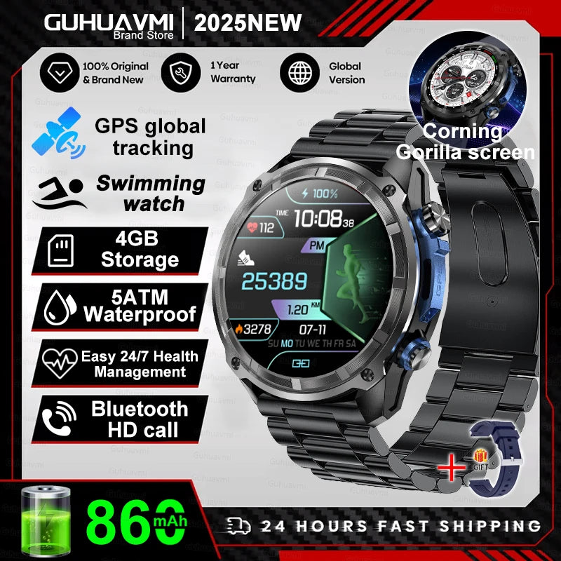 Nuevo reloj inteligente AMOLED con reproductor de vídeo con memoria de 4GB con GPS, mapas sin conexión, reloj inteligente deportivo militar para hombres, pulsera impermeable para nadar de 30m