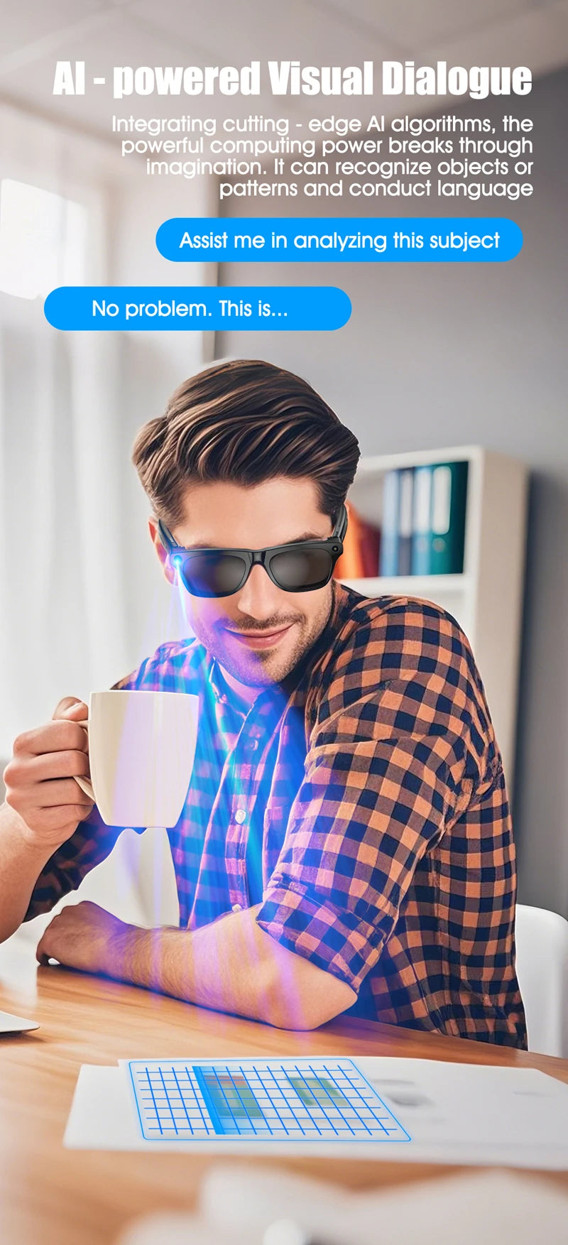 Gafas inteligentes Bluetooth, reconocimiento de objetos, traducción AI, con cámara para tomar fotos, asistente de voz, llamadas y música-MovilExpressShop