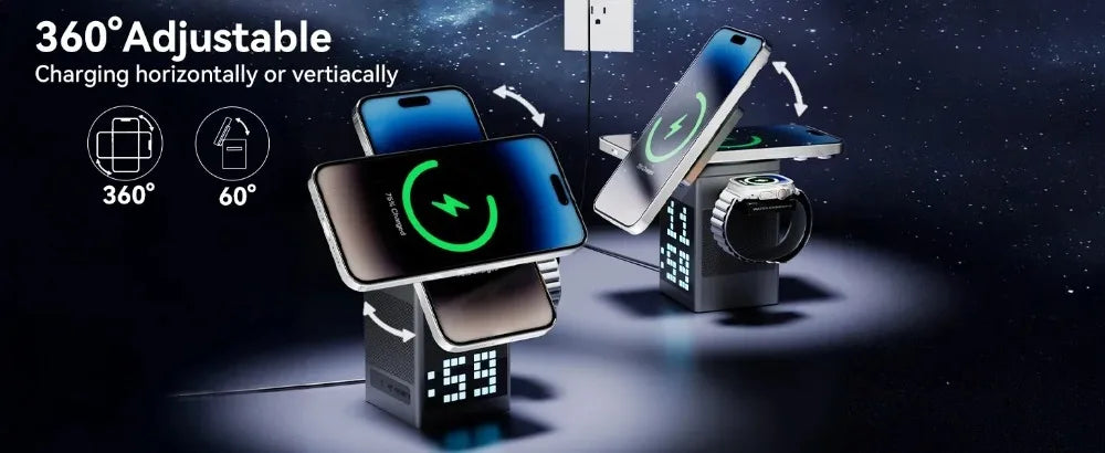 Soporte y cargador inalámbrico magnético plegable 6 en 1, altavoz Bluetooth, despertador y píxeles de dibujos animados para iPhone 17 ~ 12 iWatch Airpods Pro