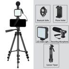 Trípode Blog para cámara DSLR, Kit de blogging para teléfono, entrevista en vivo, YouTube, soporte para teléfono, Control remoto, micrófono, luz LED-MovilExpressShop