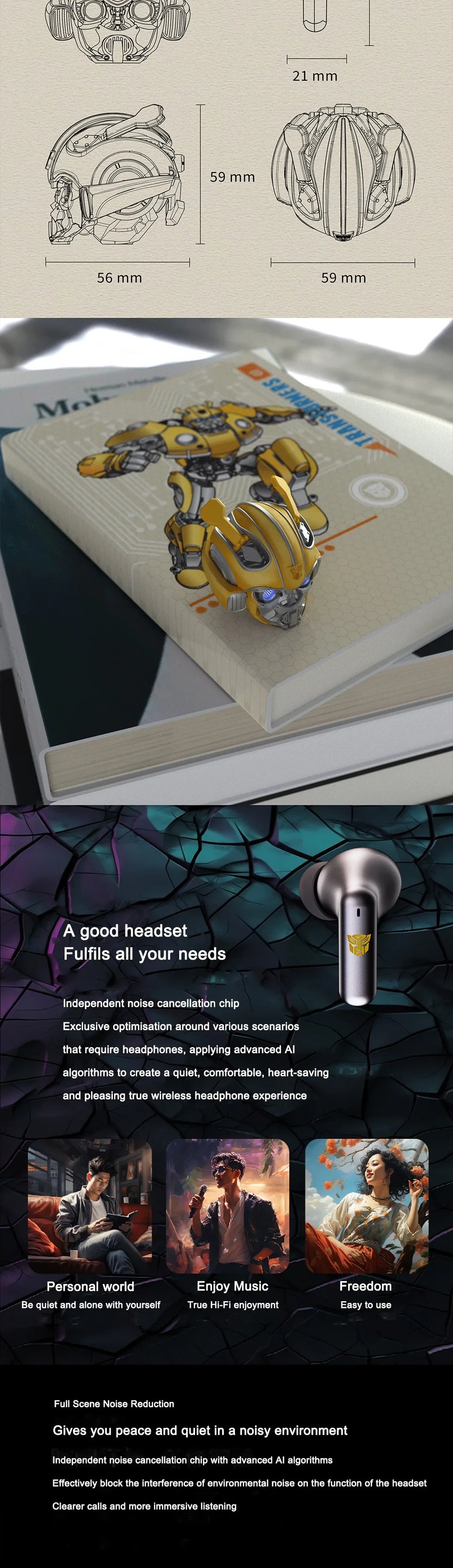 Transformers Auriculares Bumblebee H1 Auriculares con cancelación de ruido Auriculares Bluetooth Auriculares de aleación de alta calidad Juguetes de descompresión-MovilExpressShop