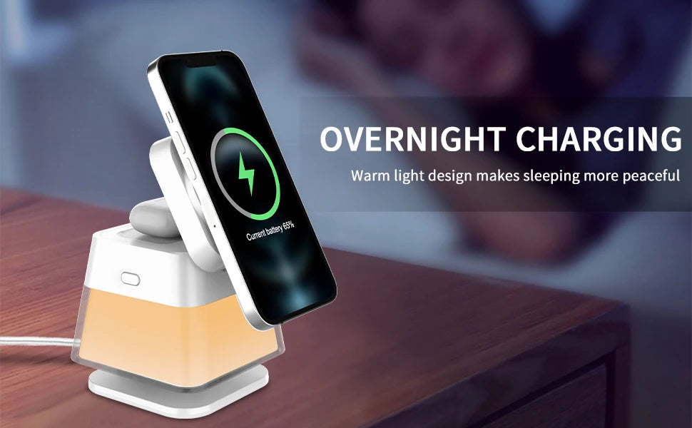 Soporte y estación de carga inalámbrica 3 en 1, adaptador de carga rápida de 15w, cargador de mesa magnético con luces coloridas para iPhone 16 15 14 Pro Max