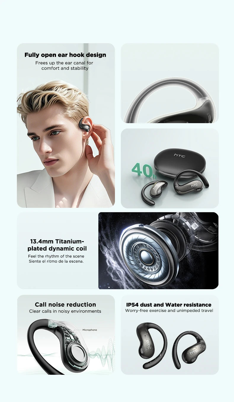HTC NE19 auriculares Bluetooth IA OWS auriculares inalámbricos deportivos con micrófono potentes graves IA traductor auriculares impermeables de larga duración-MovilExpressShop