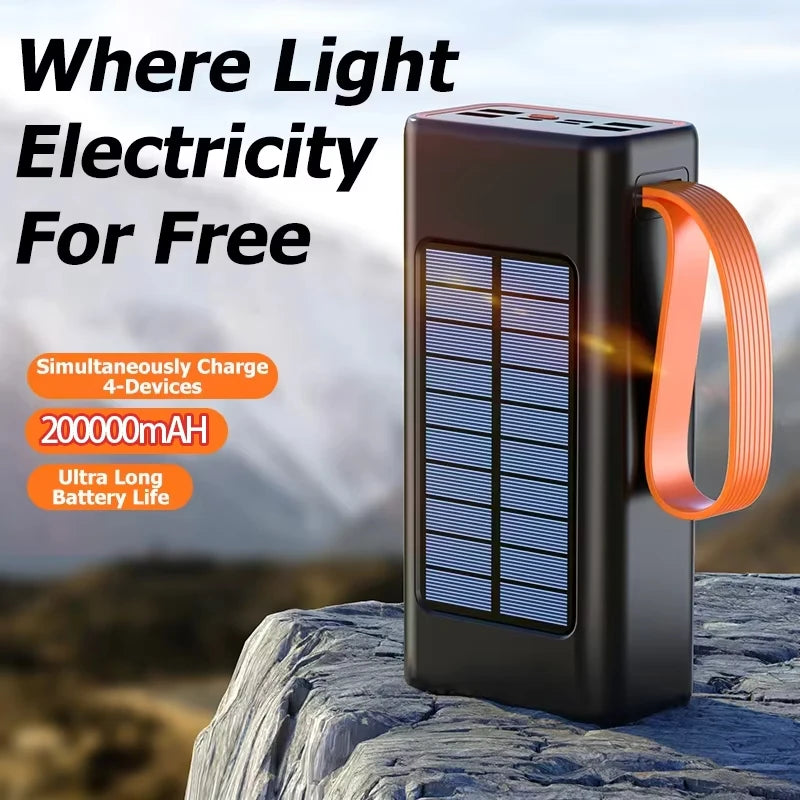 Xiaomi-Banco de energía Solar de 200000mAh, Cables integrados de gran capacidad, batería externa, luz LED, Banco de energía para iPhone, Huawei y Xiaomi-MovilExpressShop