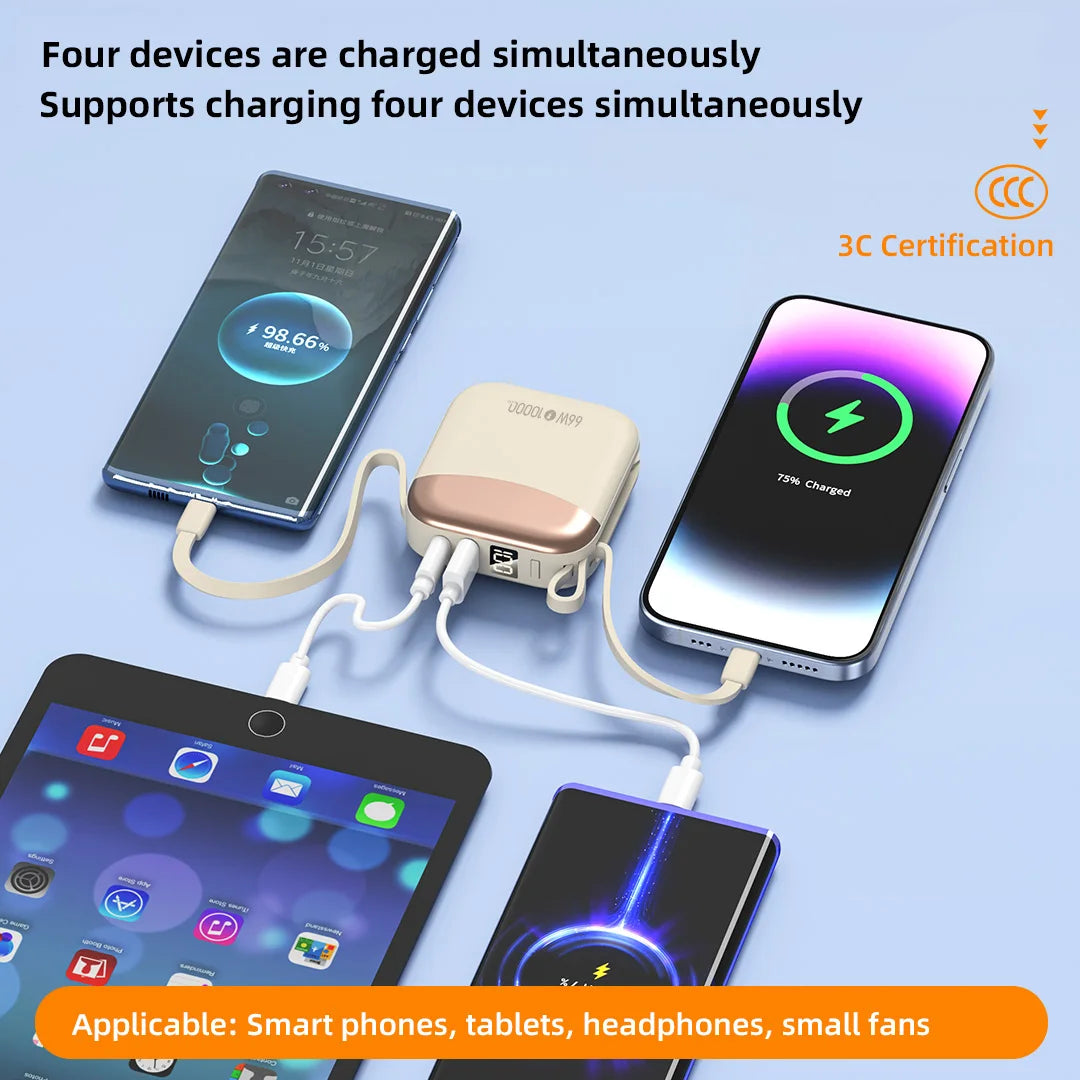 Kiki Shoot 10000mAh Mini Power Bank 66W carga rápida Powerbank batería certificada CCC con Cable para iPhone Xiaomi Huawei Samsung