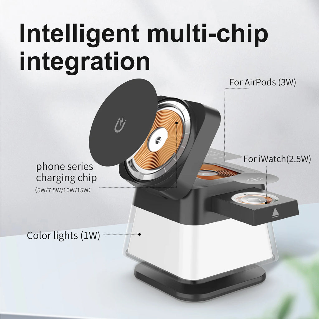Soporte y estación de carga inalámbrica 3 en 1, adaptador de carga rápida de 15w, cargador de mesa magnético con luces coloridas para iPhone 16 15 14 Pro Max