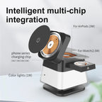 Soporte y estación de carga inalámbrica 3 en 1, adaptador de carga rápida de 15w, cargador de mesa magnético con luces coloridas para iPhone 16 15 14 Pro Max
