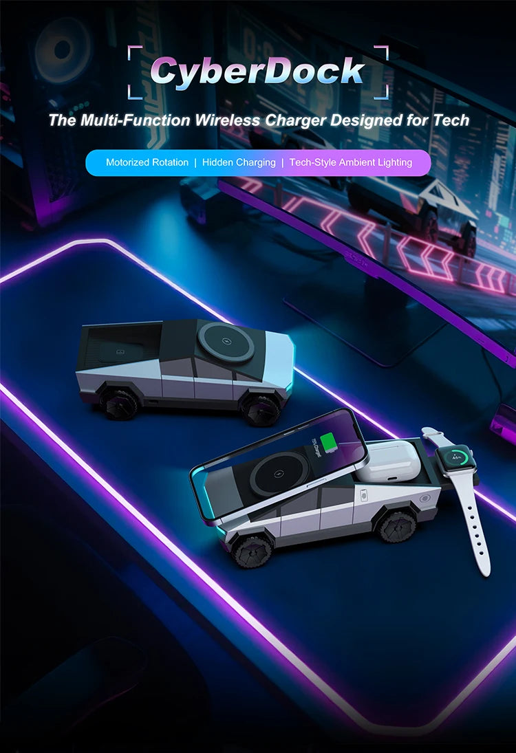 Base de escritorio CyberDock 3 en 1 con carga inalámbrica para iPhone 16, 15, 14 Pro Max, AirPods y Apple Watch, con luz ambiental.