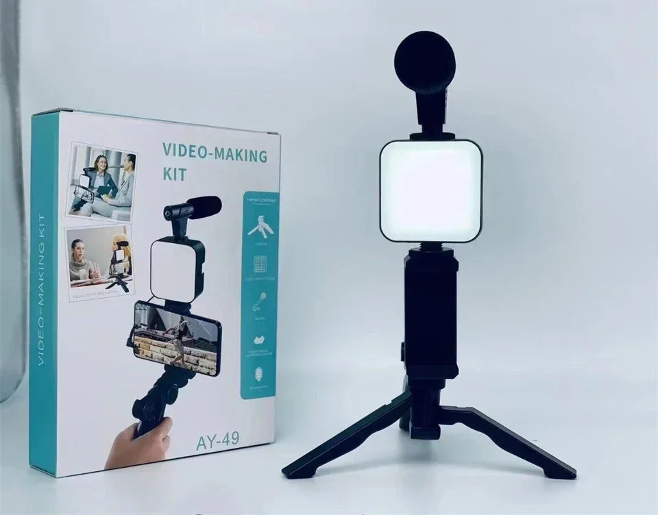 Kit de blogging para teléfono inteligente AY49, con trípode, soporte para teléfono, Mini micrófono, luz de relleno LED, arrancador para TikTok, transmisión en vivo, vídeo, YouTub-MovilExpressShop