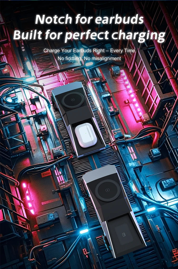 Base de escritorio CyberDock 3 en 1 con carga inalámbrica para iPhone 16, 15, 14 Pro Max, AirPods y Apple Watch, con luz ambiental.