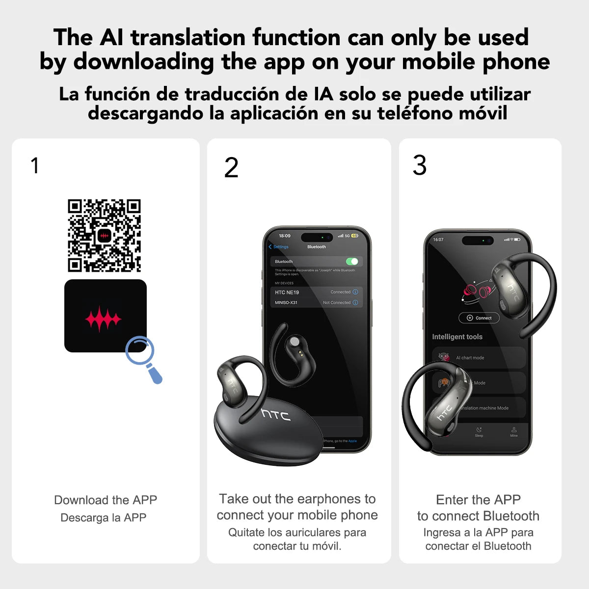 HTC NE19 auriculares Bluetooth IA OWS auriculares inalámbricos deportivos con micrófono potentes graves IA traductor auriculares impermeables de larga duración-MovilExpressShop