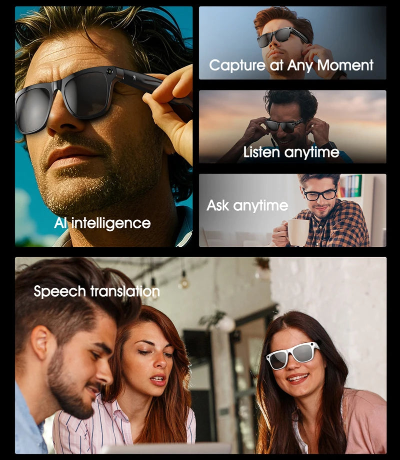 Gafas inteligentes Bluetooth, reconocimiento de objetos, traducción AI, con cámara para tomar fotos, asistente de voz, llamadas y música-MovilExpressShop