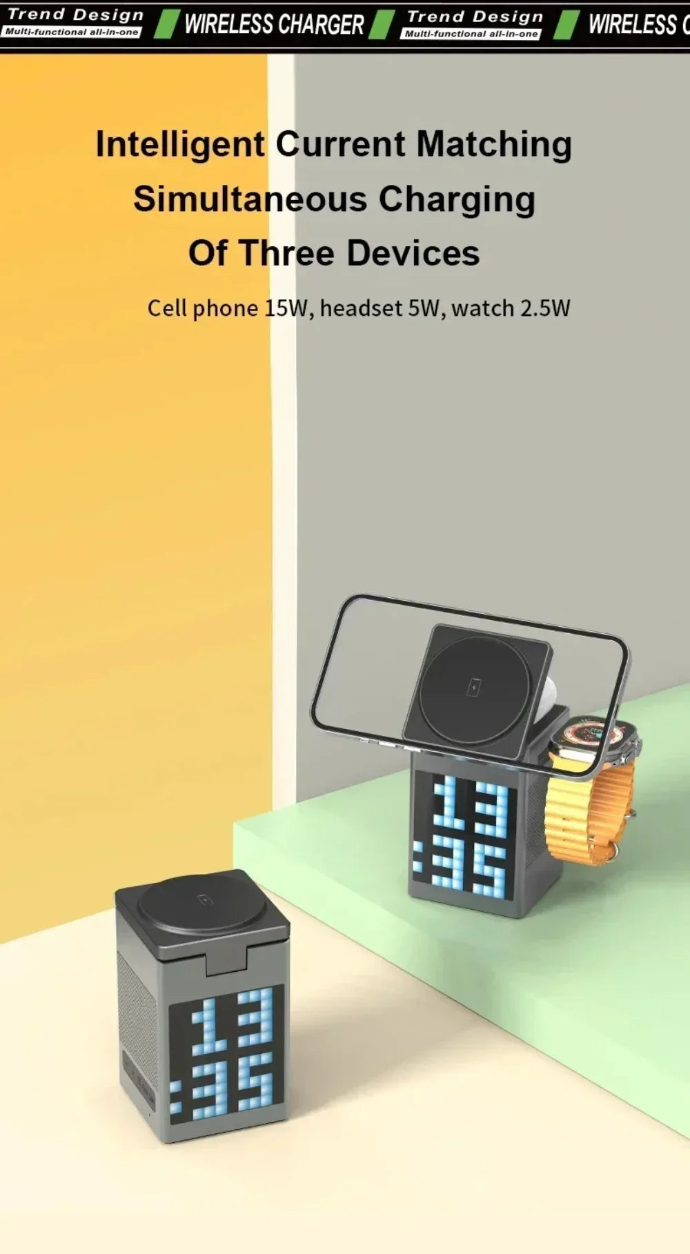 Soporte y cargador inalámbrico magnético plegable 6 en 1, altavoz Bluetooth, despertador y píxeles de dibujos animados para iPhone 17 ~ 12 iWatch Airpods Pro