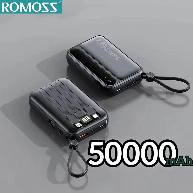 ROMOSS 4 en 1 Power Bank 500000mAh Gran Capacidad Cables Integrados Pantalla Digital Inteligente Ligera Batería Portátil Para iPhone y android