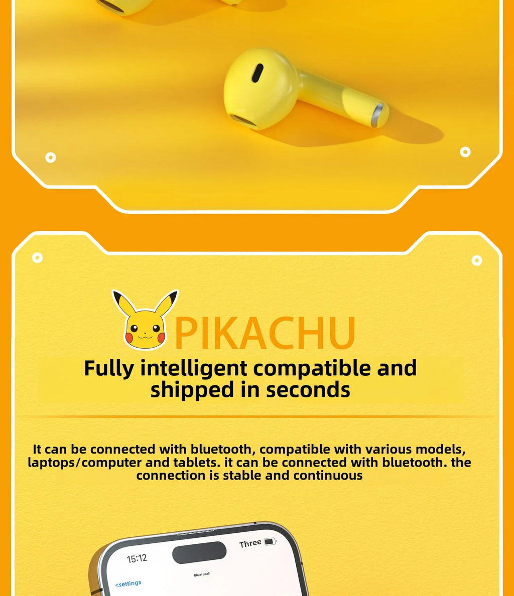 Pokemon Pikachu 5,0 inalámbrico Bluetooth deportes reducción de ruido auriculares táctiles con micrófono estuche de carga auriculares manos libres lindo-MovilExpressShop
