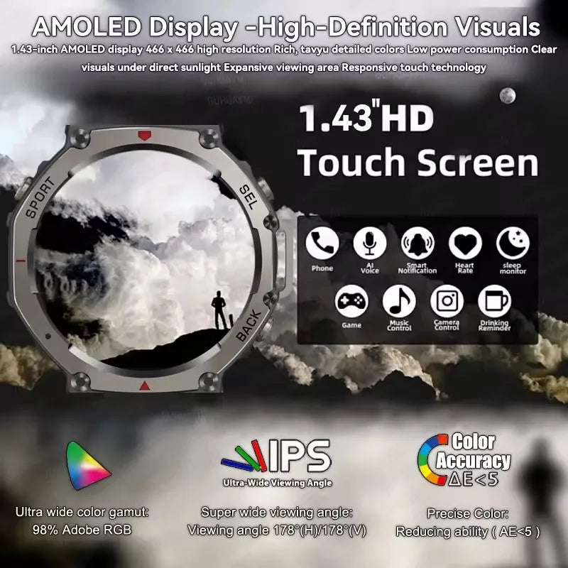 2025 nuevo reloj inteligente militar con llamada Bluetooth, brújula GPS integrada, altímetro barométrico, relojes inteligentes deportivos impermeables 10ATM para hombres
