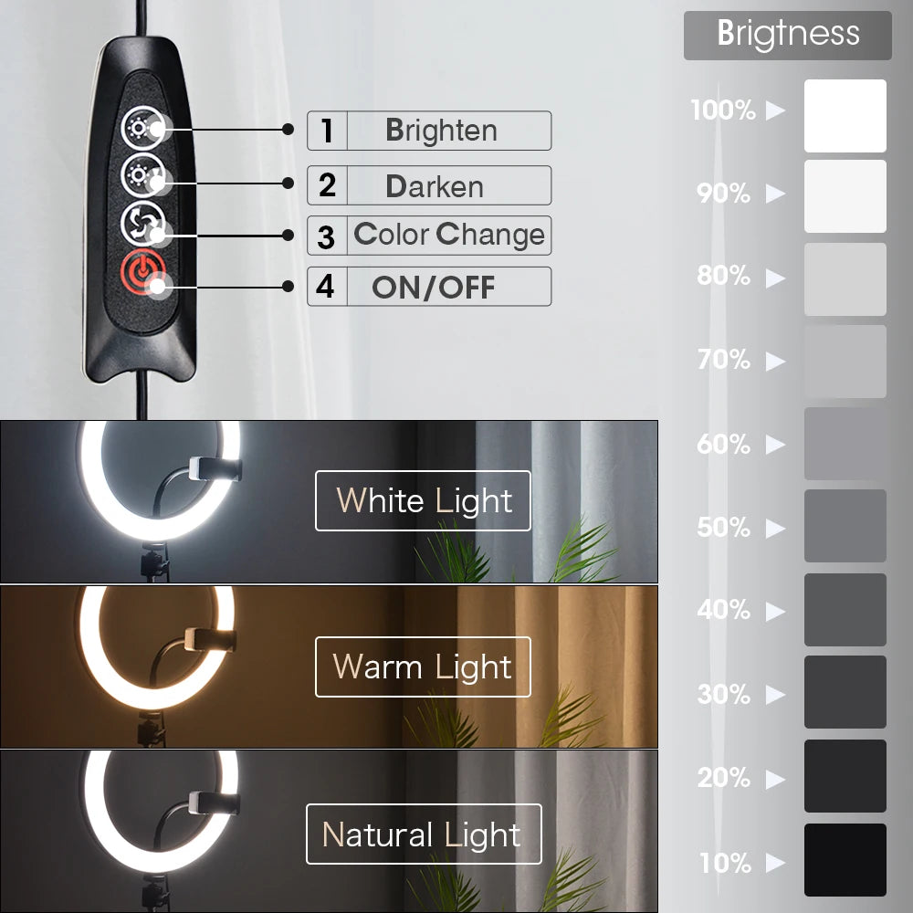 Trípode con anillo de luz LED para teléfono, trípode, soporte para cámara, Selfie, fotografía, lámpara LED, Color, estudio fotográfico para YouTube en vivo-MovilExpressShop