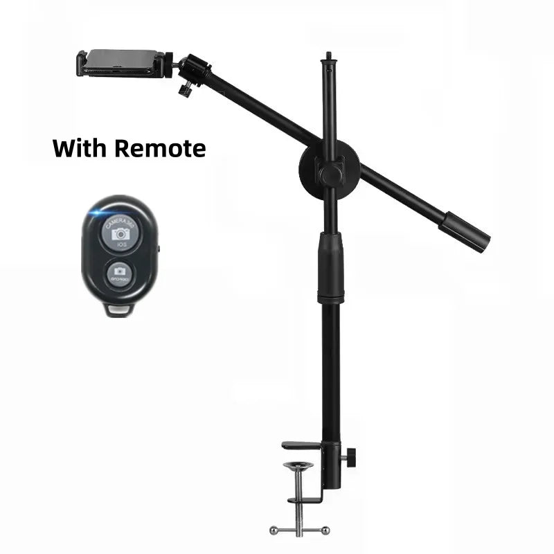 Soporte de trípode superior de mesa con anillo de luz, soporte para teléfono móvil y brazo de pluma para trípodes de mesa de fotografía de decoración de uñas-MovilExpressShop