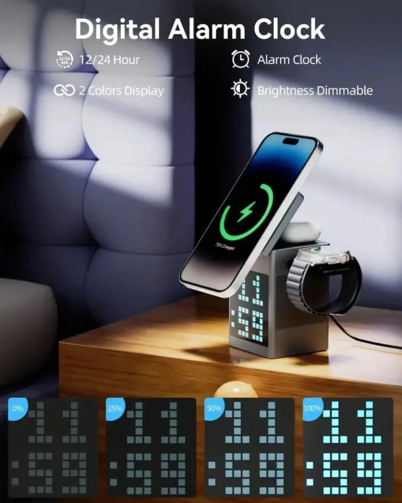 Soporte y cargador inalámbrico magnético plegable 6 en 1, altavoz Bluetooth, despertador y píxeles de dibujos animados para iPhone 17 ~ 12 iWatch Airpods Pro