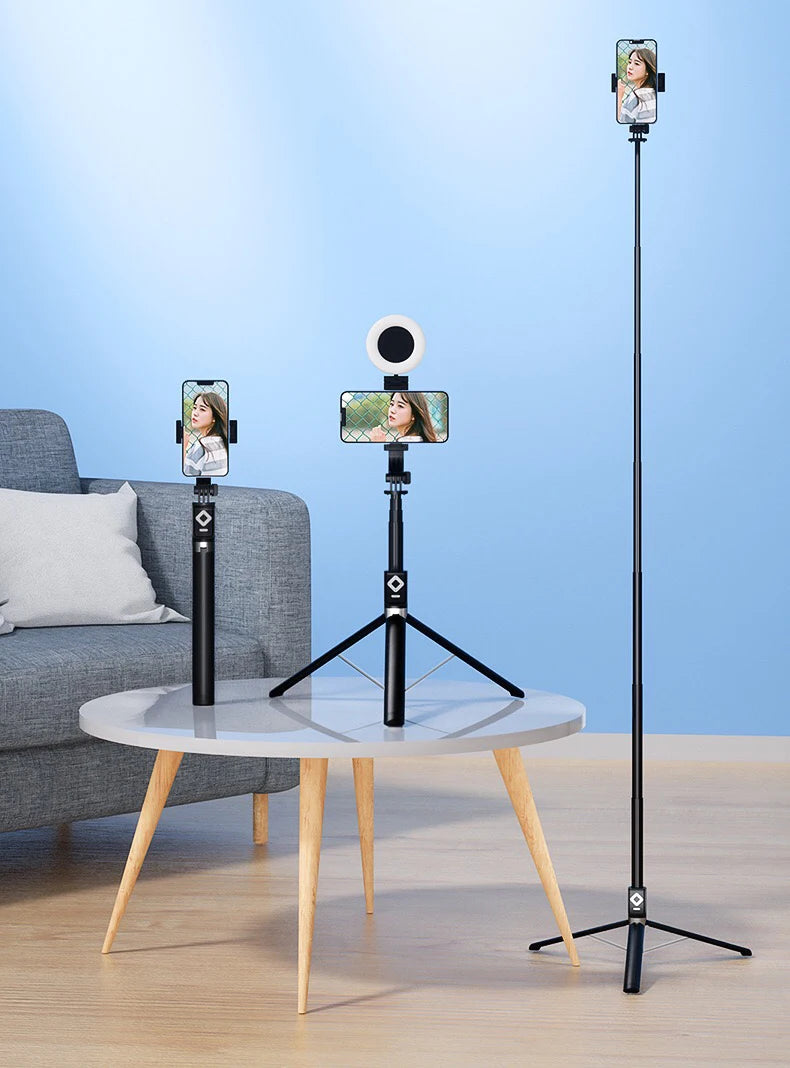 Trípode extensible en vivo de 1,7 m, soporte para palo de Selfie, anillo LED, soporte de espejo de doble luz, soporte para teléfono 4 en 1 para iPhone X 8 11 Android-MovilExpressShop