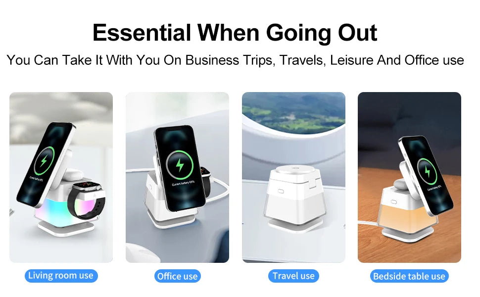 Soporte y estación de carga inalámbrica 3 en 1, adaptador de carga rápida de 15w, cargador de mesa magnético con luces coloridas para iPhone 16 15 14 Pro Max